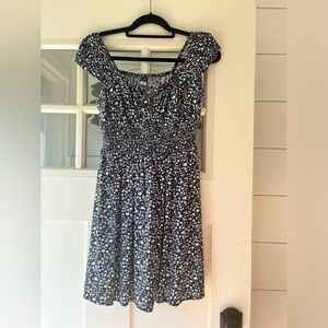 Old Navy navy blue dress with elastic neckline and sleeves, shirred waist